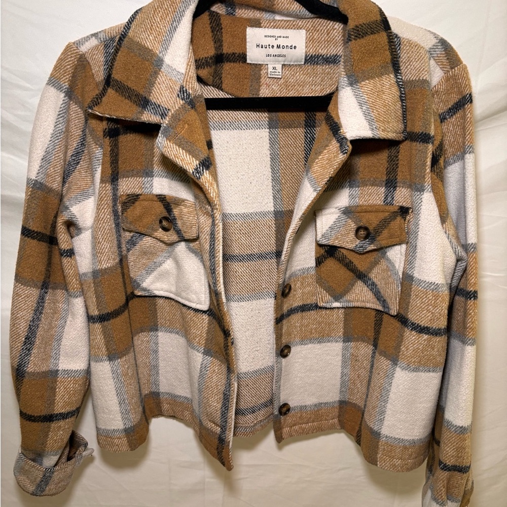 Haute Monde Women's Checkered Utility Jacket - Brown and Cream